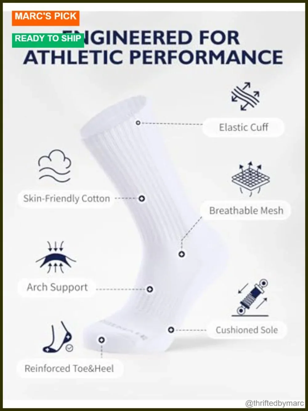 Moisture-Wicking Athletic Cushioned Crew Socks 6 Pairs Cotton Comfy Running
